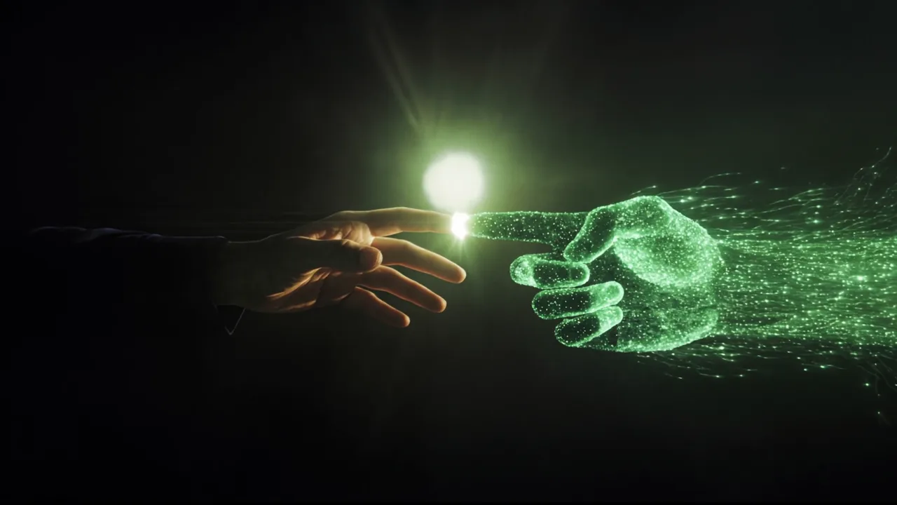 A human hand meeting a hand made of glowing green particles