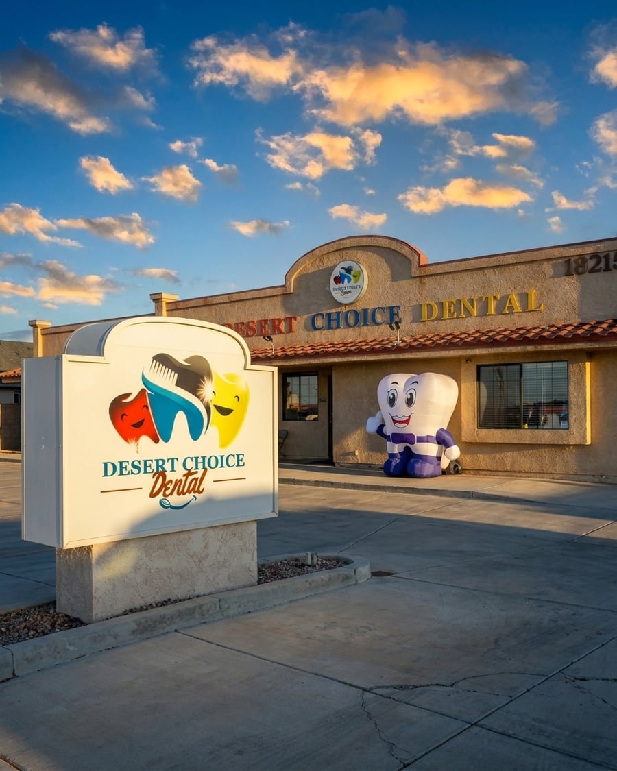 Desert Choice Dental exterior, storefront sign, and clinic mascot.