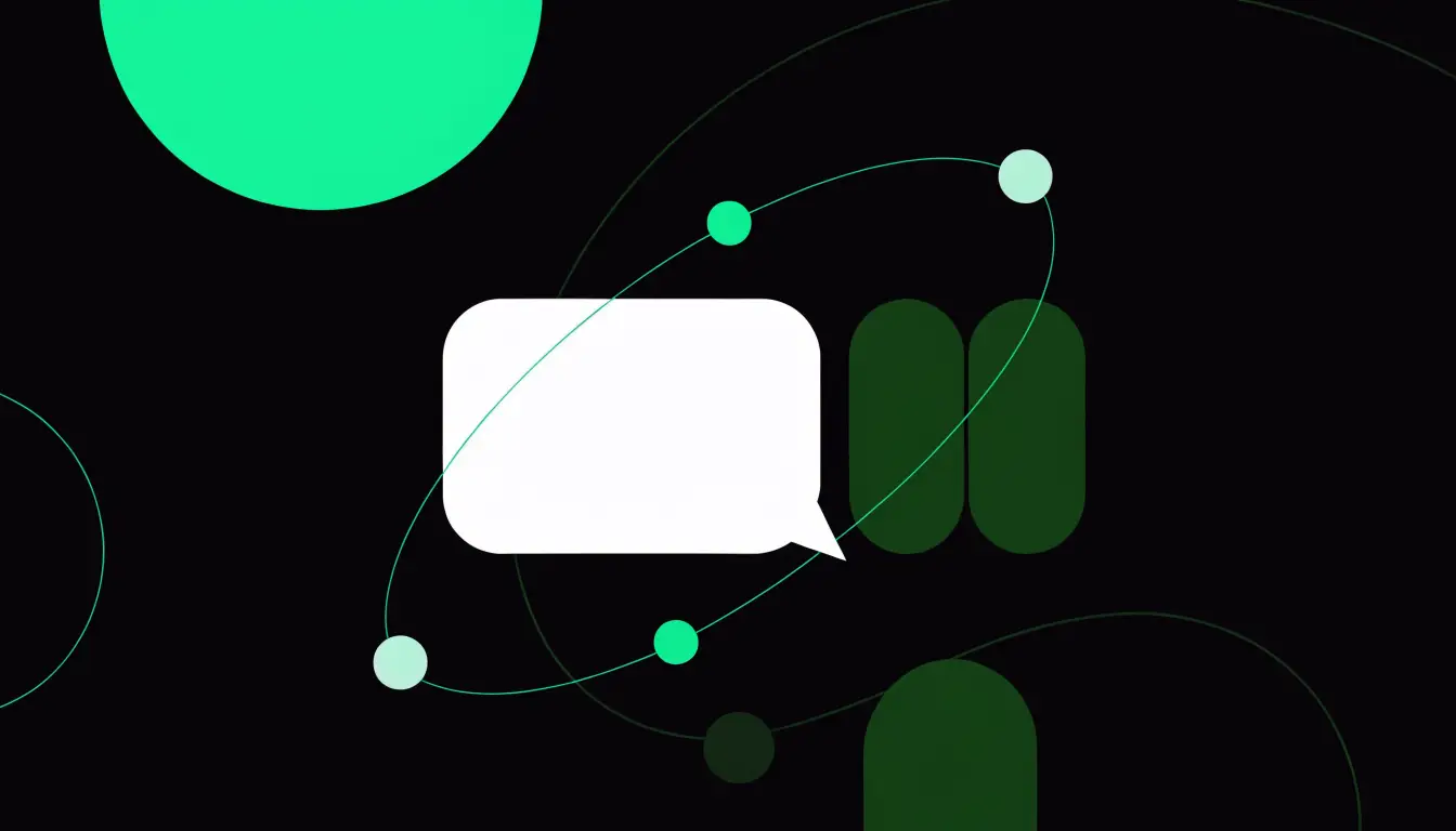 A chat bubble with orbiting glowing nodes on a near-black background
