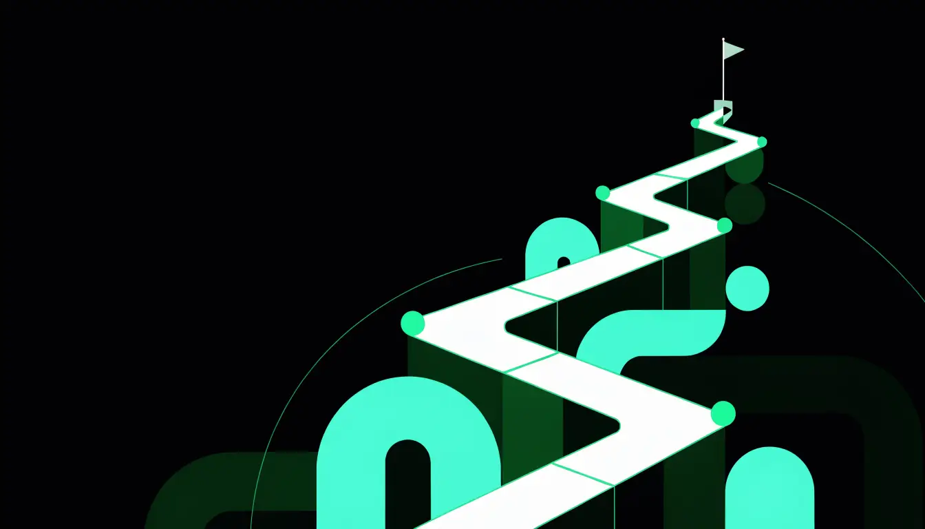 A winding path with glowing milestone dots climbing toward a flag