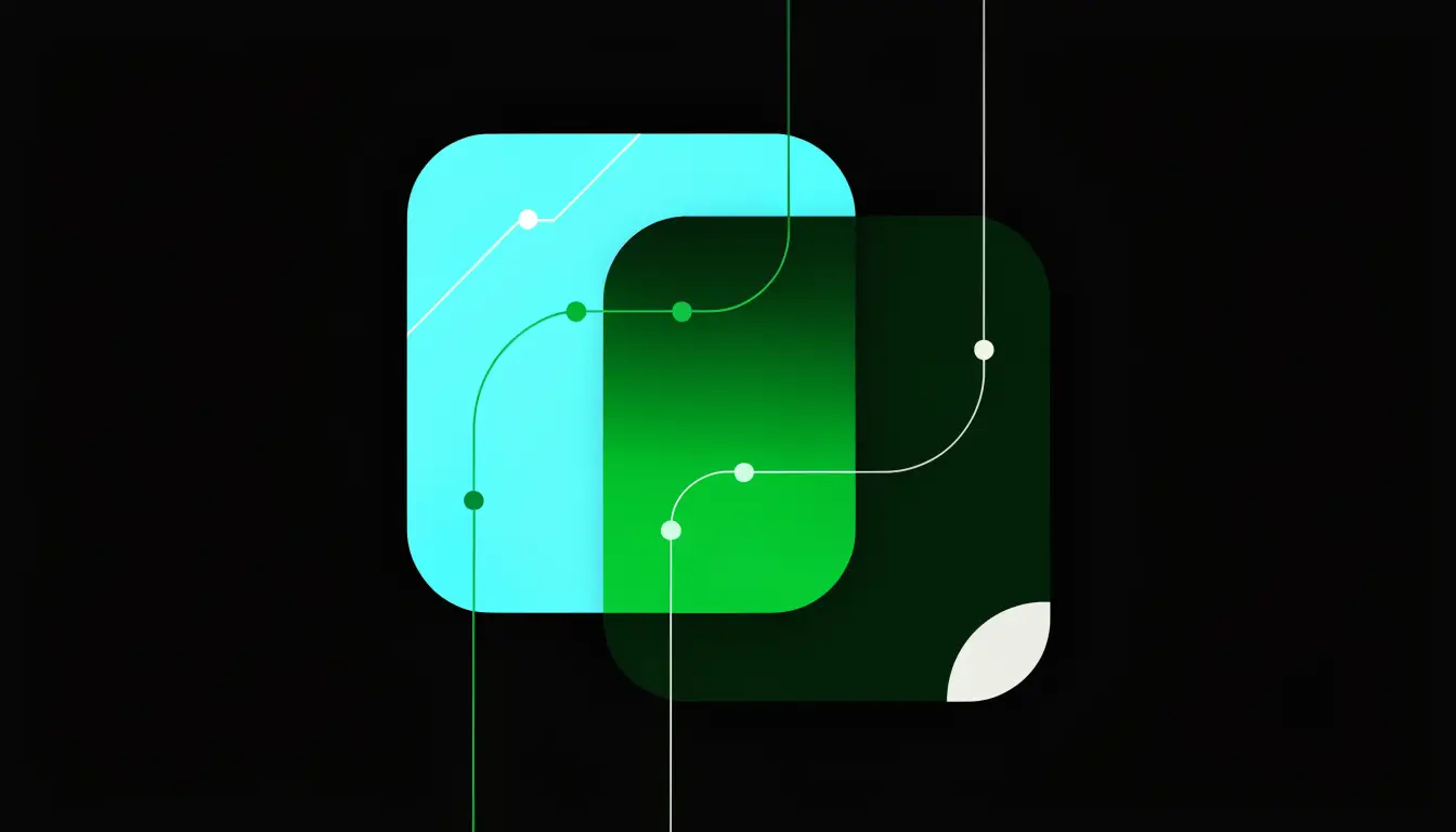 Layered panels connected by thin glowing lines and nodes