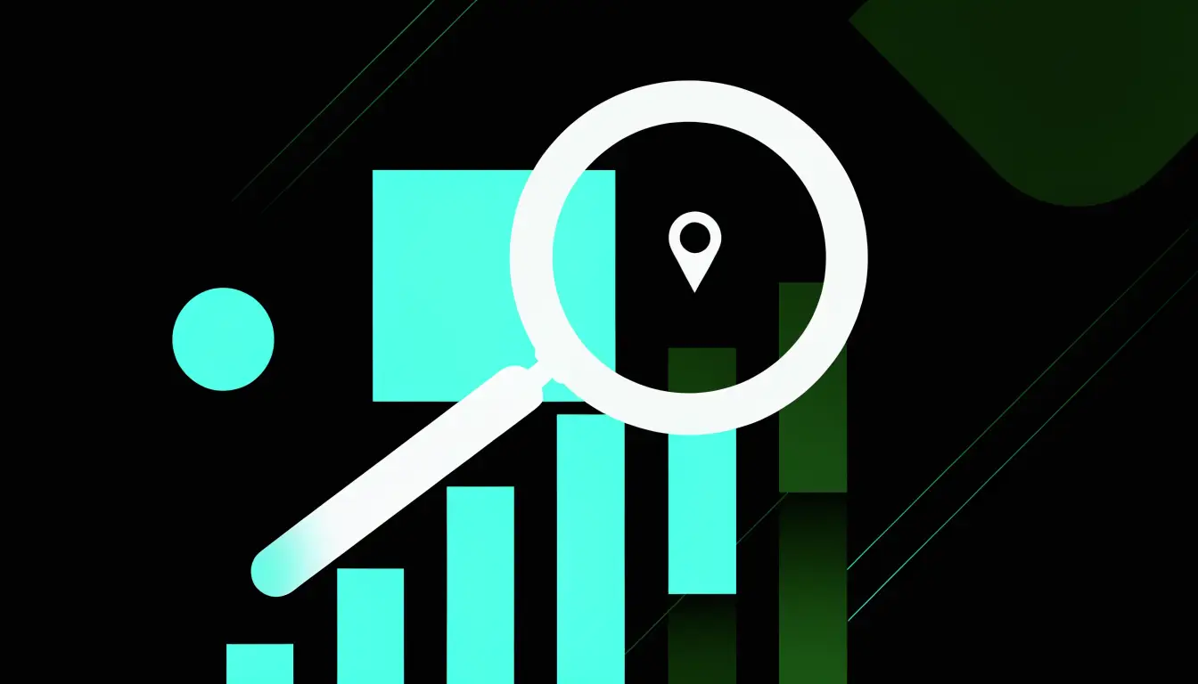 A magnifying glass over rising bars with a glowing location pin