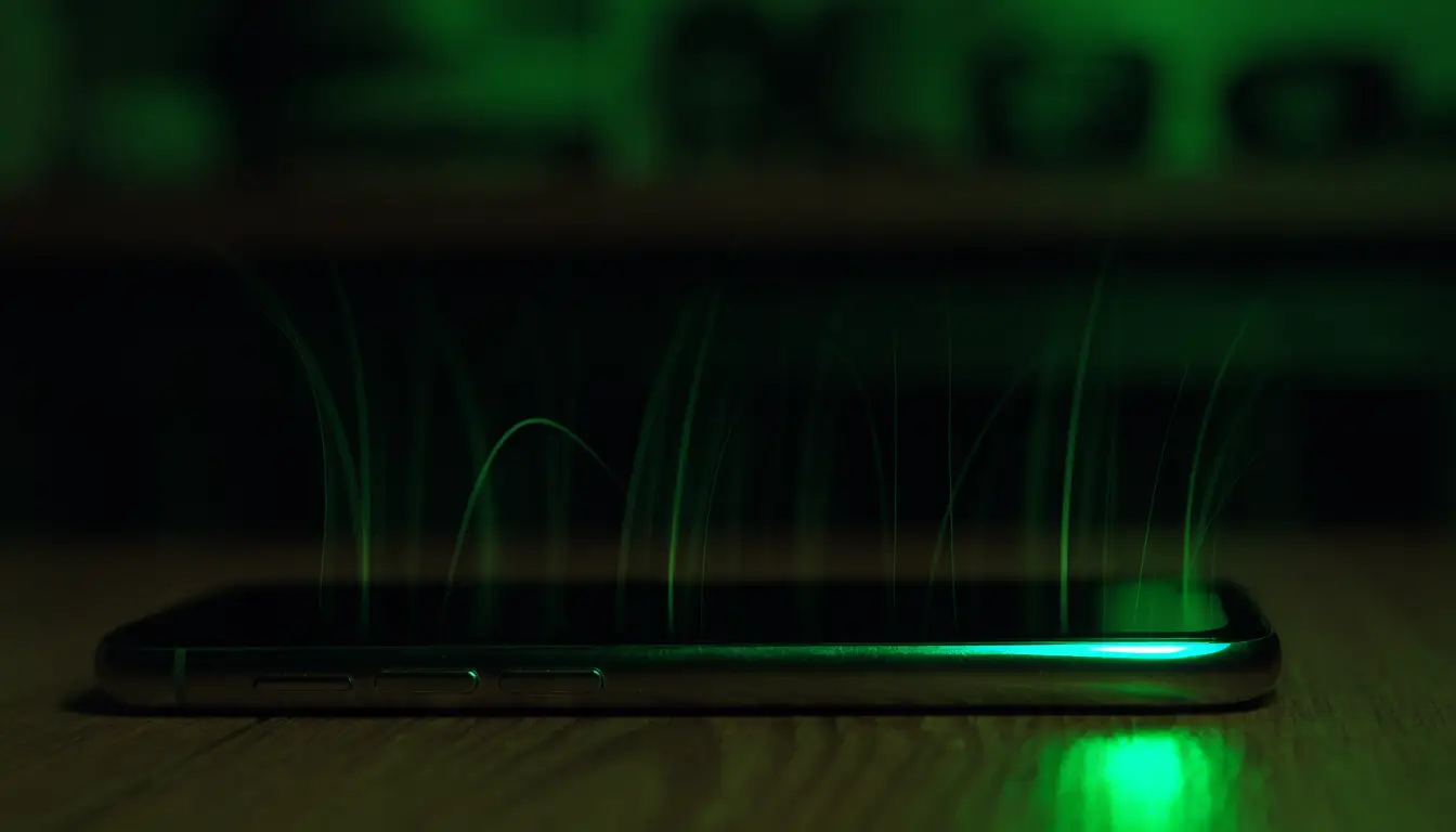 A phone on a wooden counter radiating soft emerald light threads
